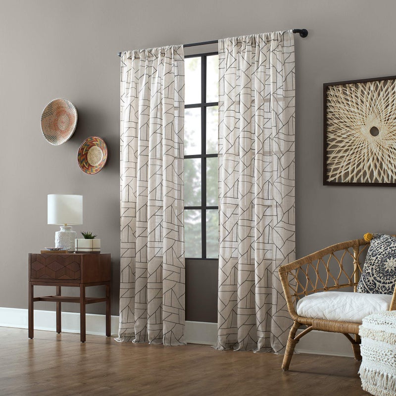 Archaeo Fragmented Geometric Embroidery Mid-Century Modern Natural Linen Blend Curtain, 50" x 84", Gray/Linen - Image 5
